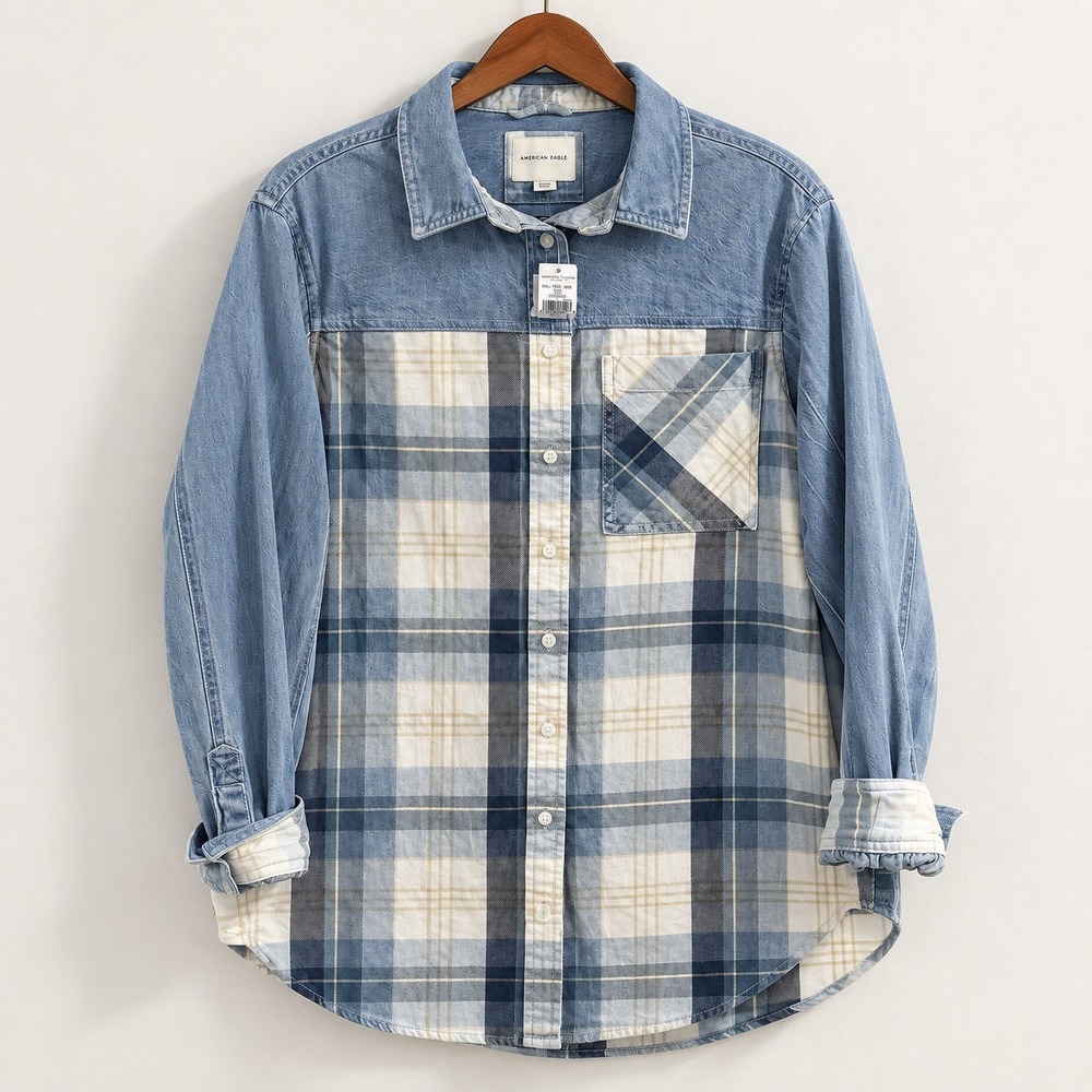 American Eagle Plaid Denim Mixed Media Button Down Shirt S Blue Cream 100%Cotton